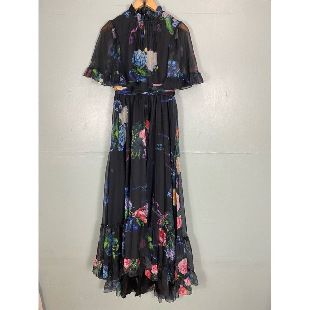 Mac Duggal Black Floral Print Ruffled High Neck Flutter Sleeve Gown Size 12 - Picture 2 of 6